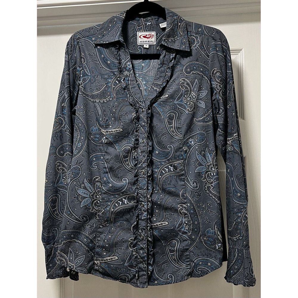 Roper long sleeve Fitted button up western Ruffles shirt w/‎ pearl snaps Medium